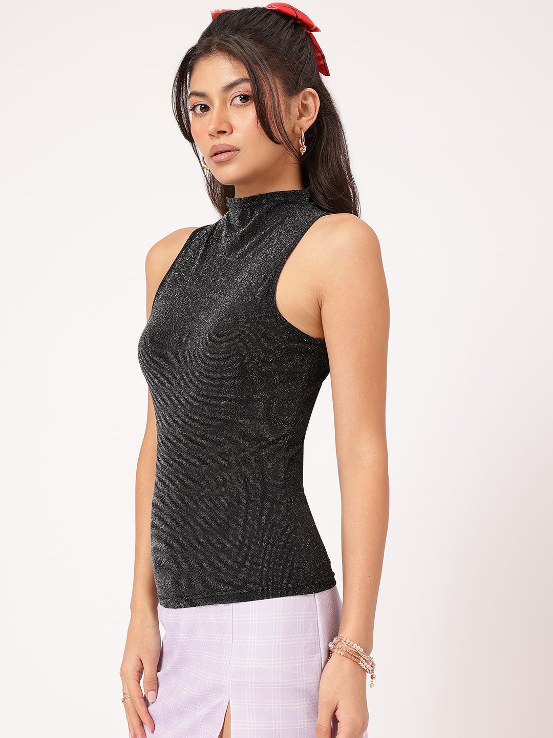 DressBerry Chic & Cheery High Neck Shimmer Top with Crop Shrug