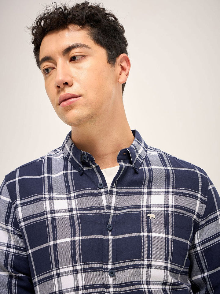 THE BEAR HOUSE Men Button-Down Collar Tartan Checked Cotton Slim Fit Casual Shirt