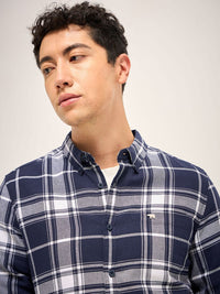 THE BEAR HOUSE Men Button-Down Collar Tartan Checked Cotton Slim Fit Casual Shirt
