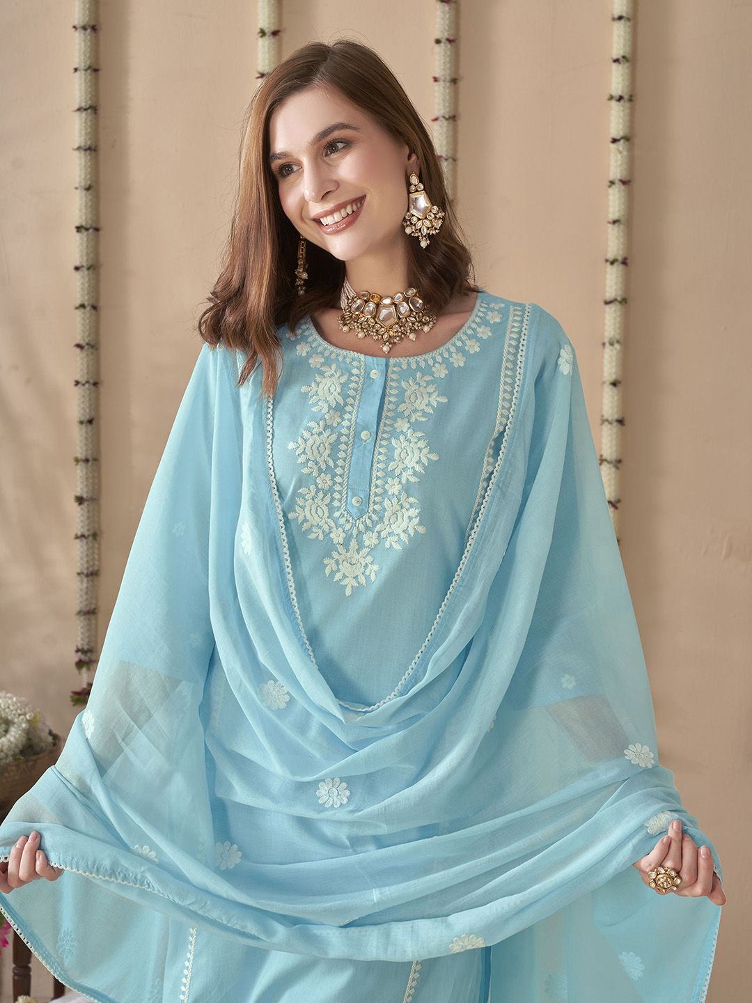 Anouk Embroidered Regular Thread Work Pure Cotton Straight Kurta With Trousers & Dupatta