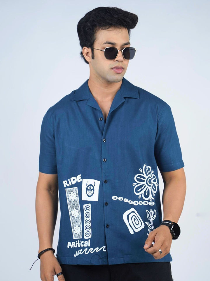Eszett Men Conversational Printed Cuban Collar Cotton Casual Shirt
