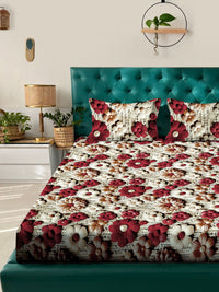 KLOTTHE Beige Floral Printed 300TC King 7D Bedsheet With 2 Pillow Covers-2.50mx2.25m