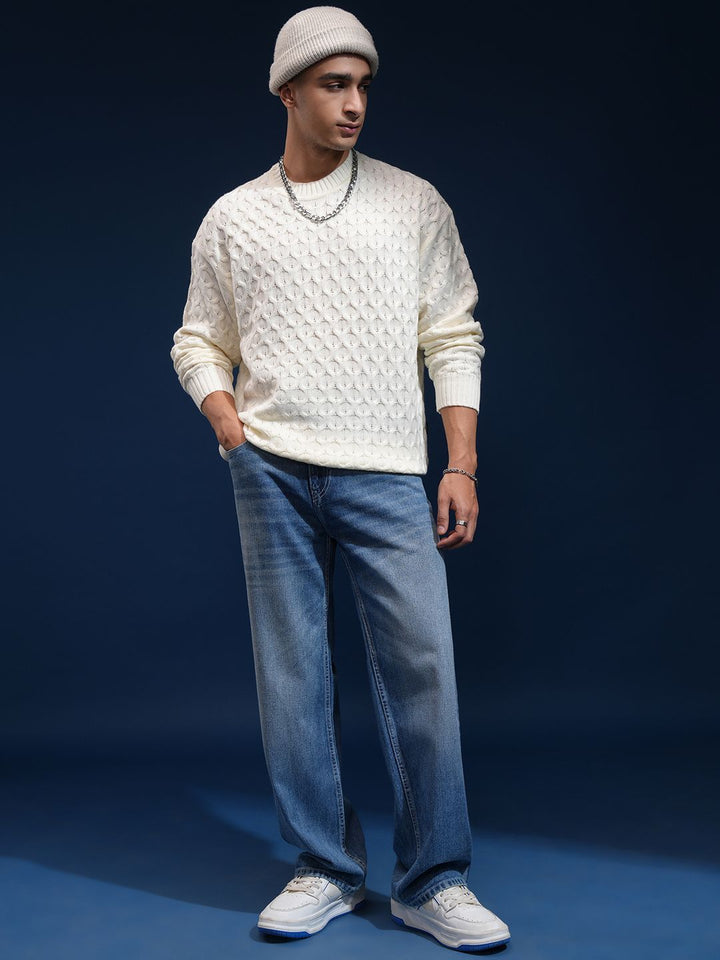 HIGHLANDER Men Self Design Round Neck Drop Shoulder Oversized Sweater