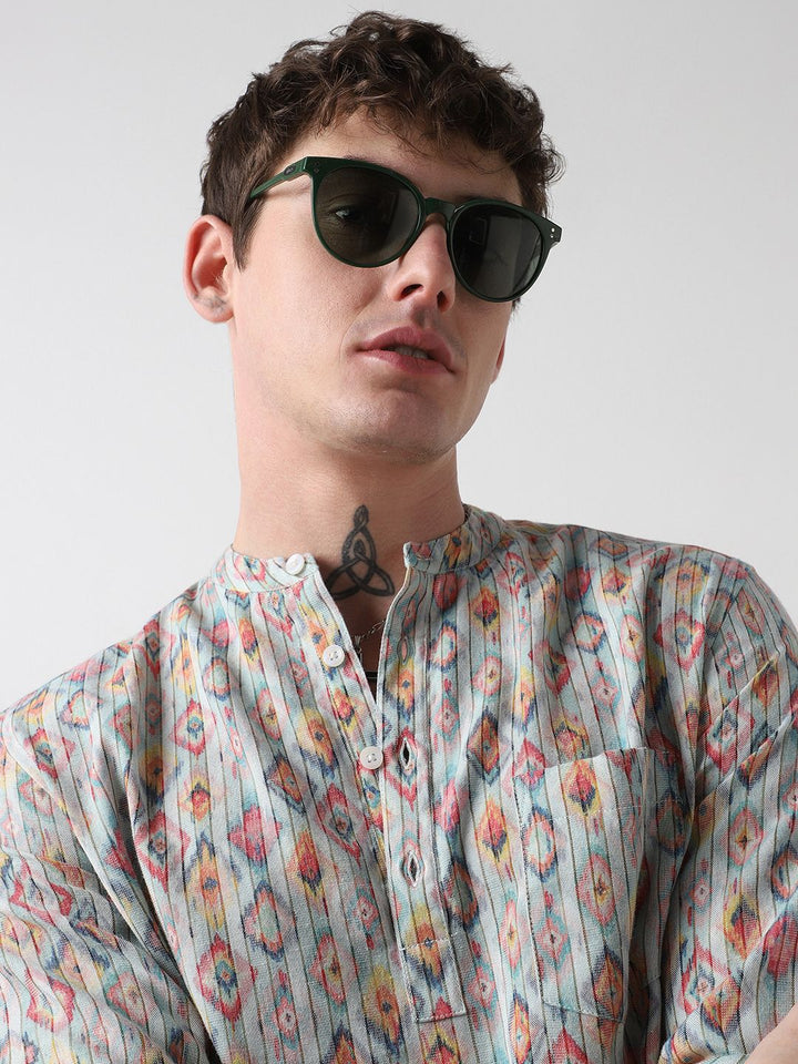 Vastrado Geometric Woven Design Mandarin Collar Lurus Pendek Kurta