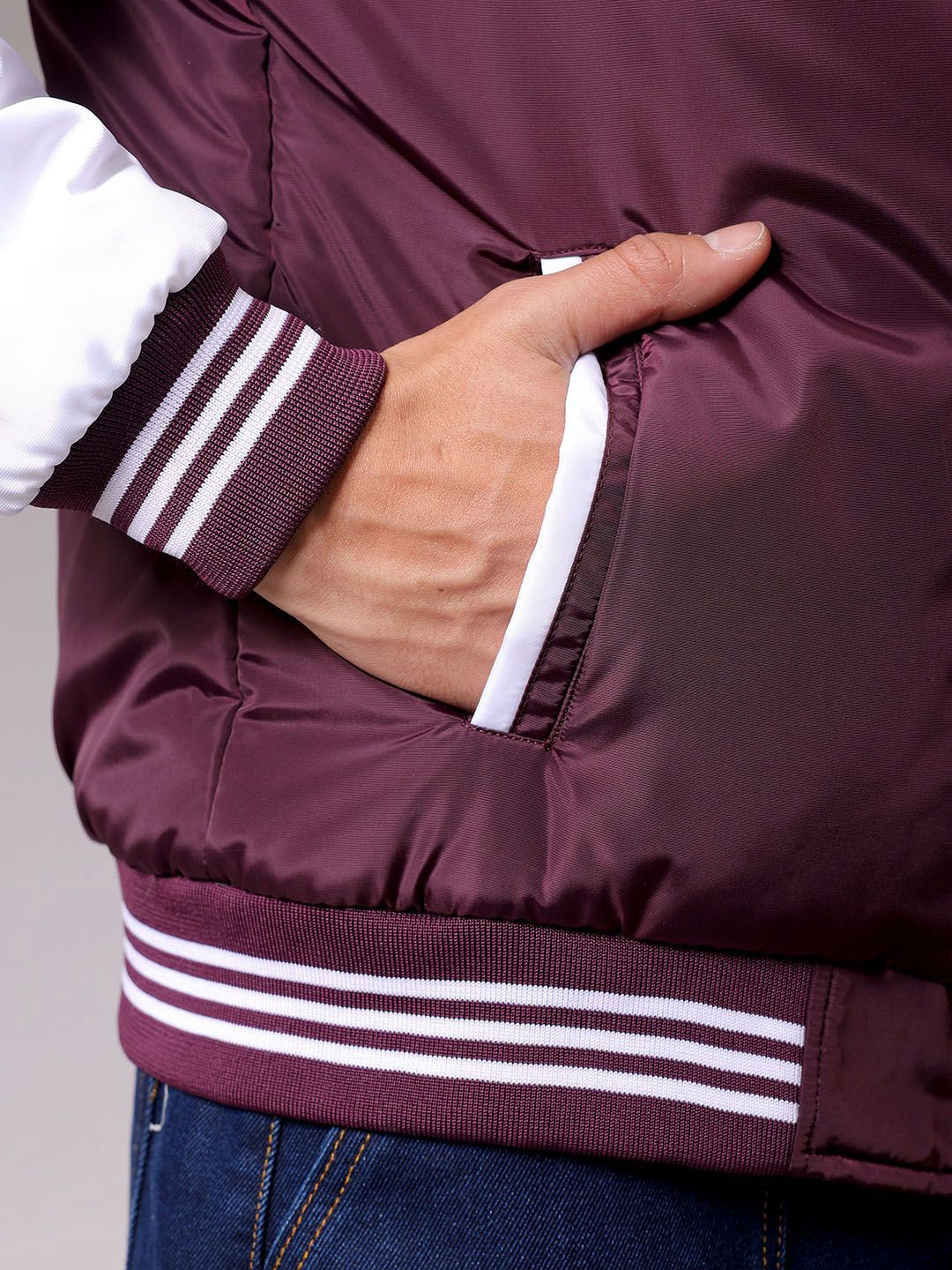 The Indian Garage Co Men Stand Collar Typography Printed Casual Varsity Jacket