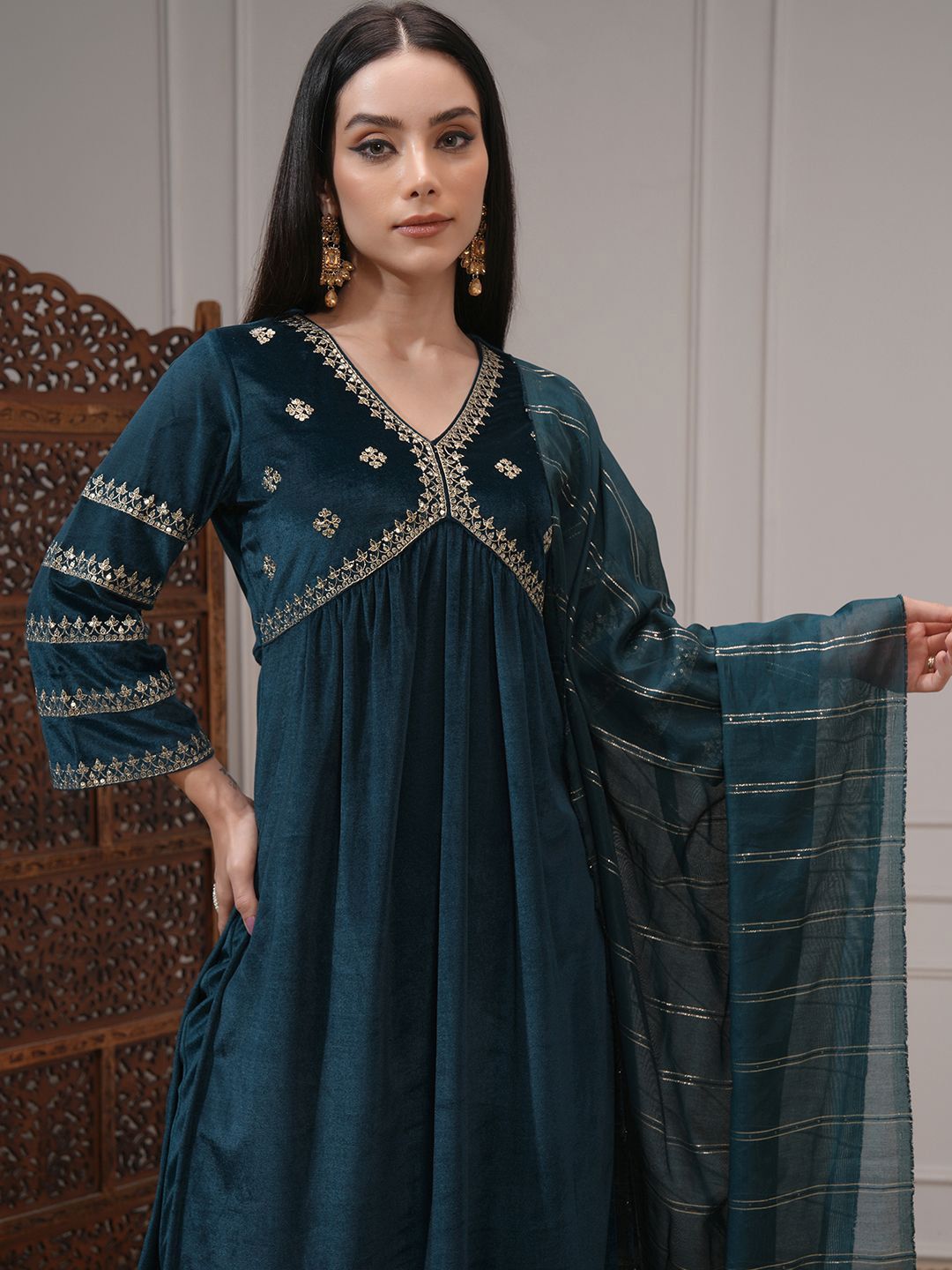 Vishudh Women Embroidered Velvet Gathe Kurta with Slim Palazzo & Dupatta