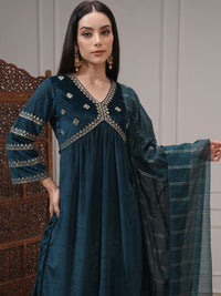 Vishudh Women Embroidered Velvet Gathe Kurta with Slim Palazzo & Dupatta