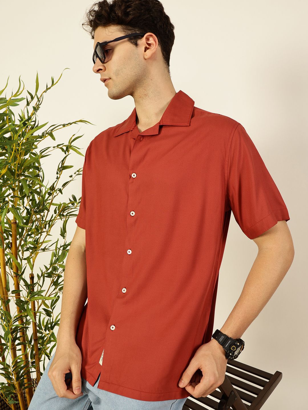 Thomas Scott Men Premium Cuban Collar Solid Oversized Casual Shirt