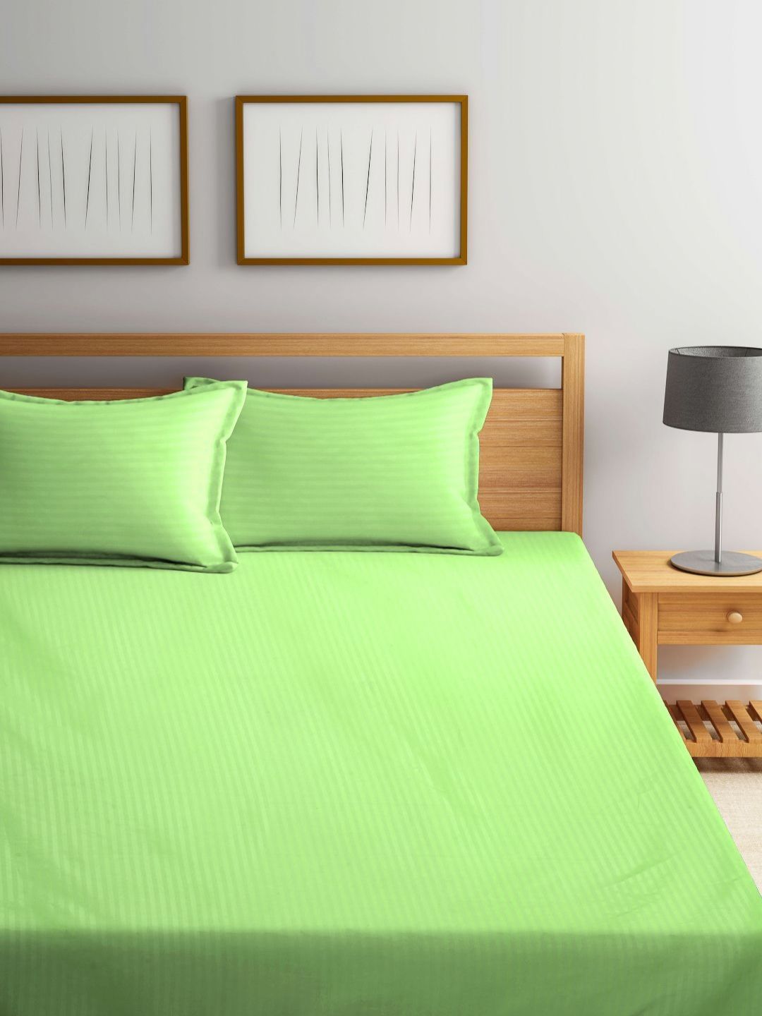 Myntra Elegant Homes Green Striped 300 TC King Bedsheet with 2 Pillow Covers