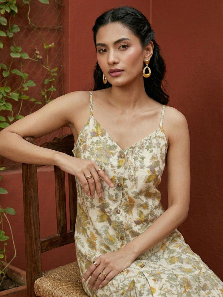 Pakaian Midi A-Line Cetakan Bunga Mamicha Ruffled Crepe