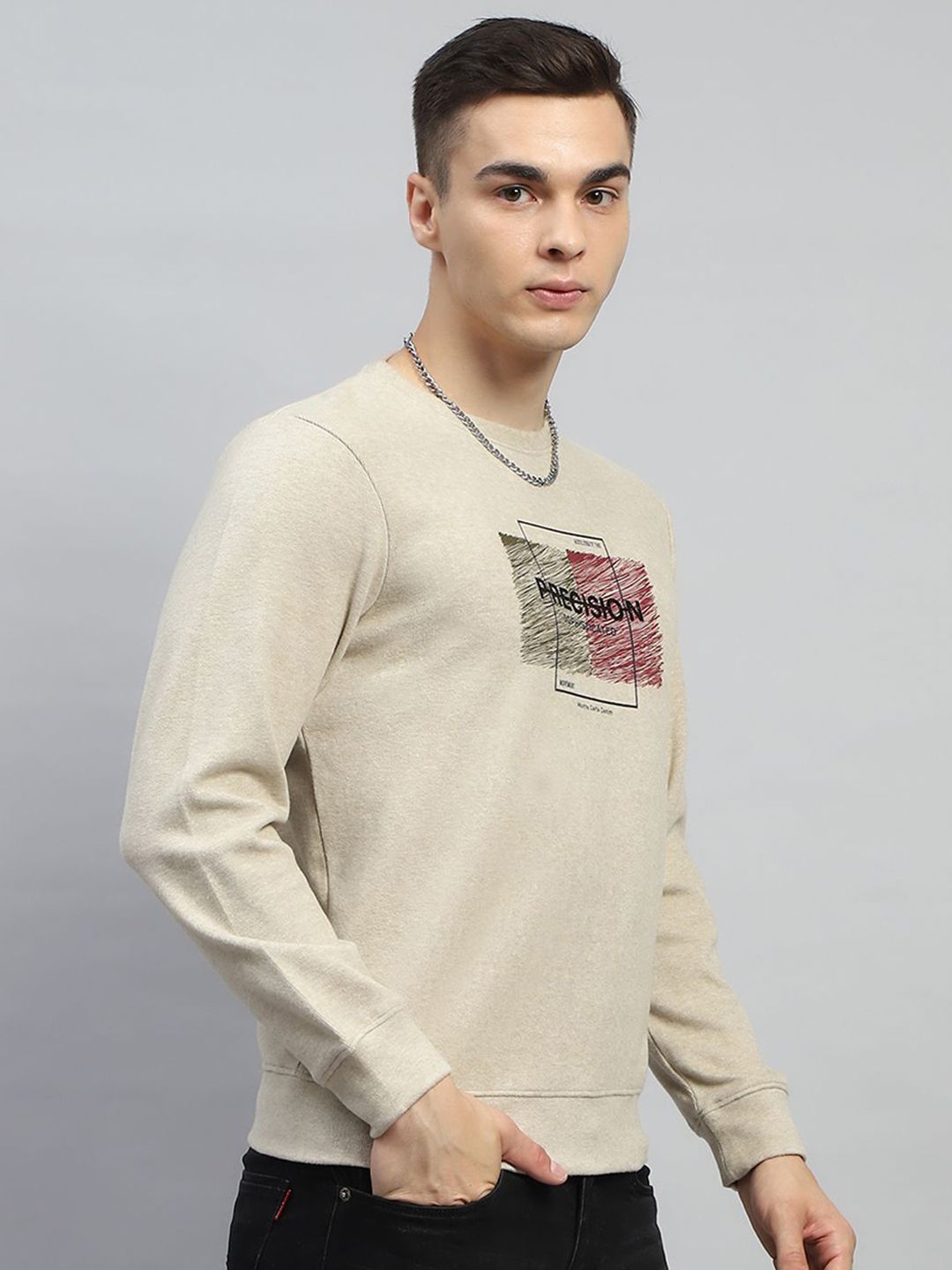 Monte Carlo Men Cotton Beige Round Neck Long Sleeves Printed Sweatshirt