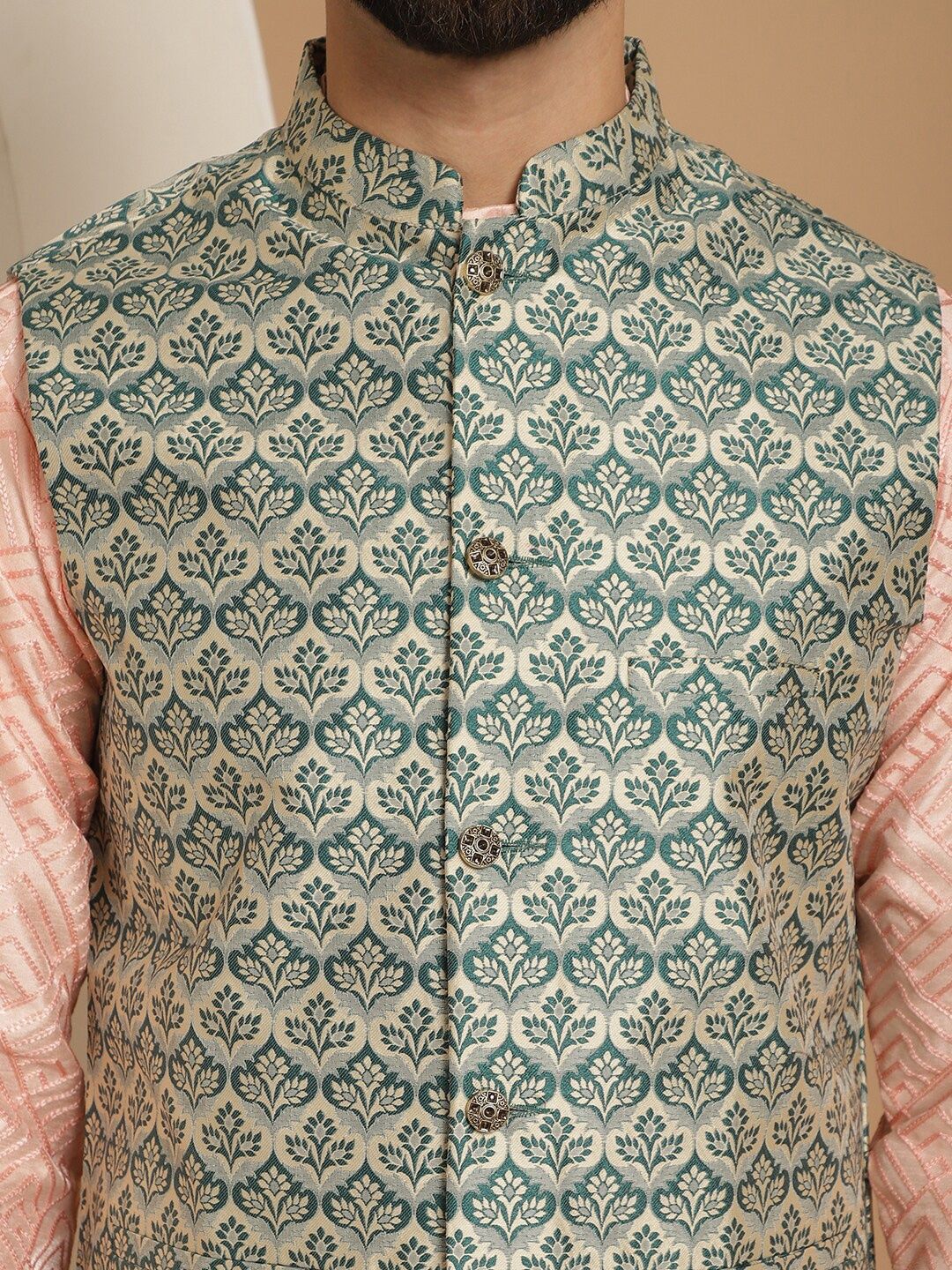 Anouk Pink Ethnic Motif Tenunan Rekaan Kurta Lurus Dengan Jaket Churidar & Nehru