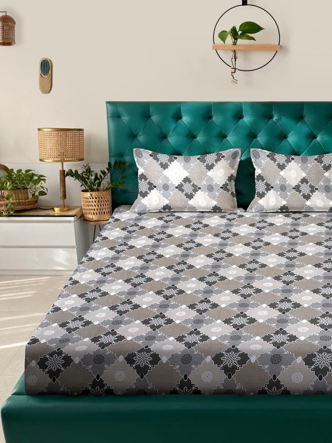 KLOTTHE Grey Ethnic Printed Fitted 400 TC Cotton King Bedsheet & 2 Pillow Covers