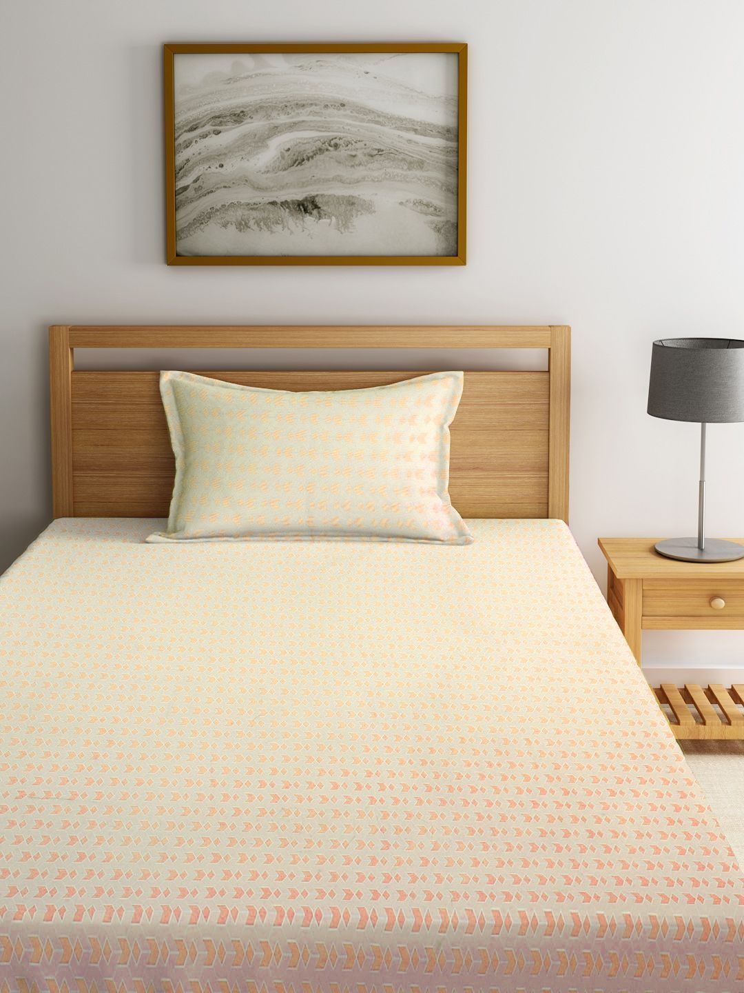 Myntra Elegant Homes Orange Geometric 300 TC Single Bedsheet with 1 Pillow Covers