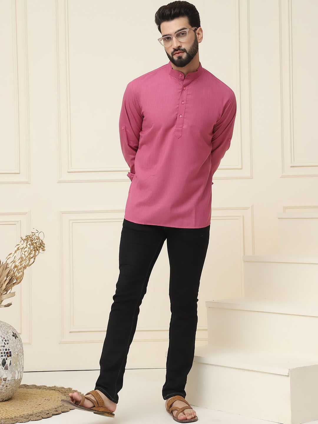SOJANYA Band Collar Neck Long Roll-Up Sleeves Pure Cotton Straight Kurta
