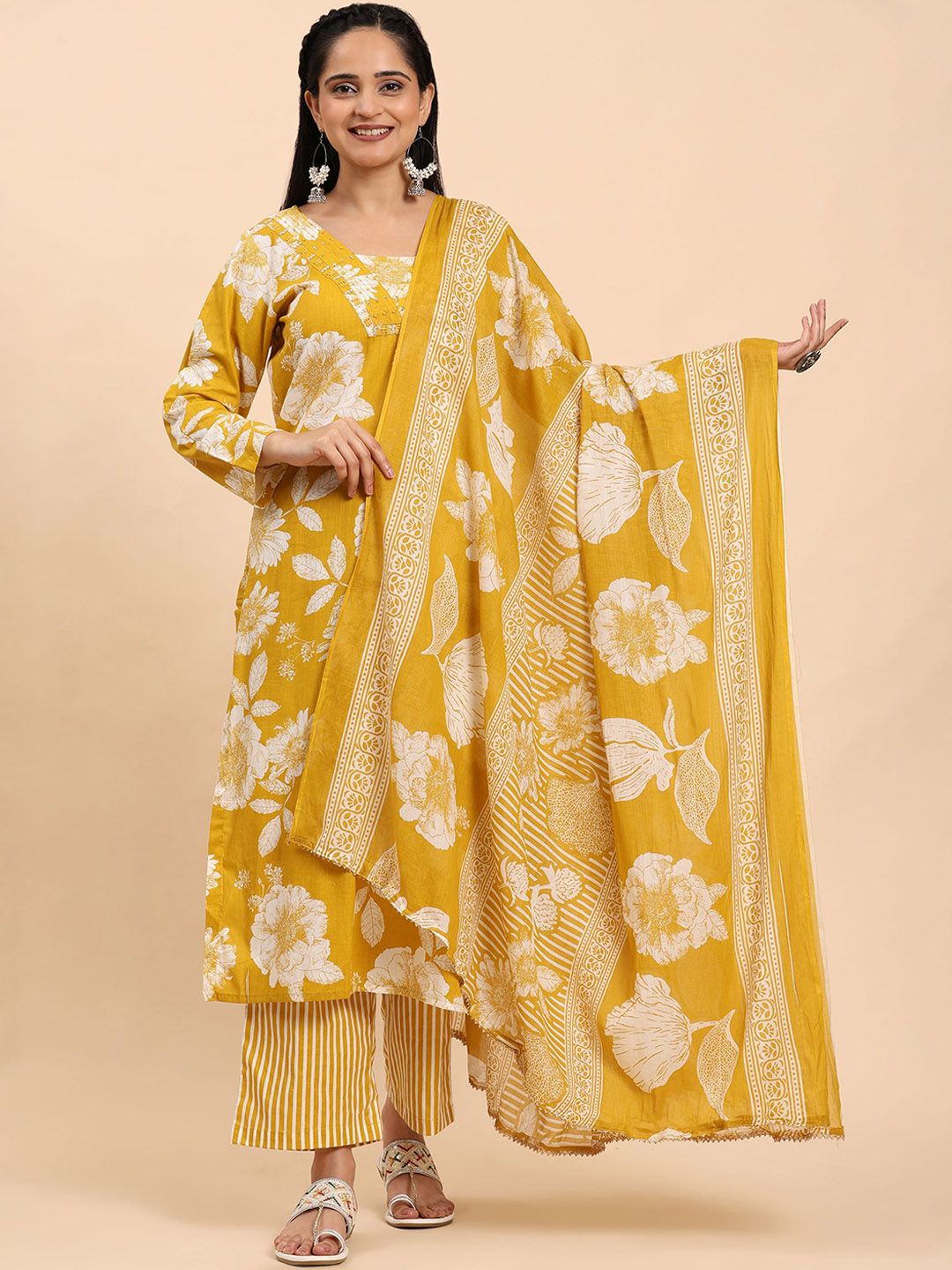 Mamicha Wanita Bercetak Kurta Kapas Tulen Biasa dengan Palazzos & Dengan Dupatta