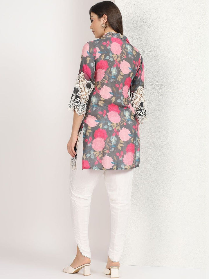 Mamicha Women Floral Printed Regular Thread Work Kurti with Dhoti Pants