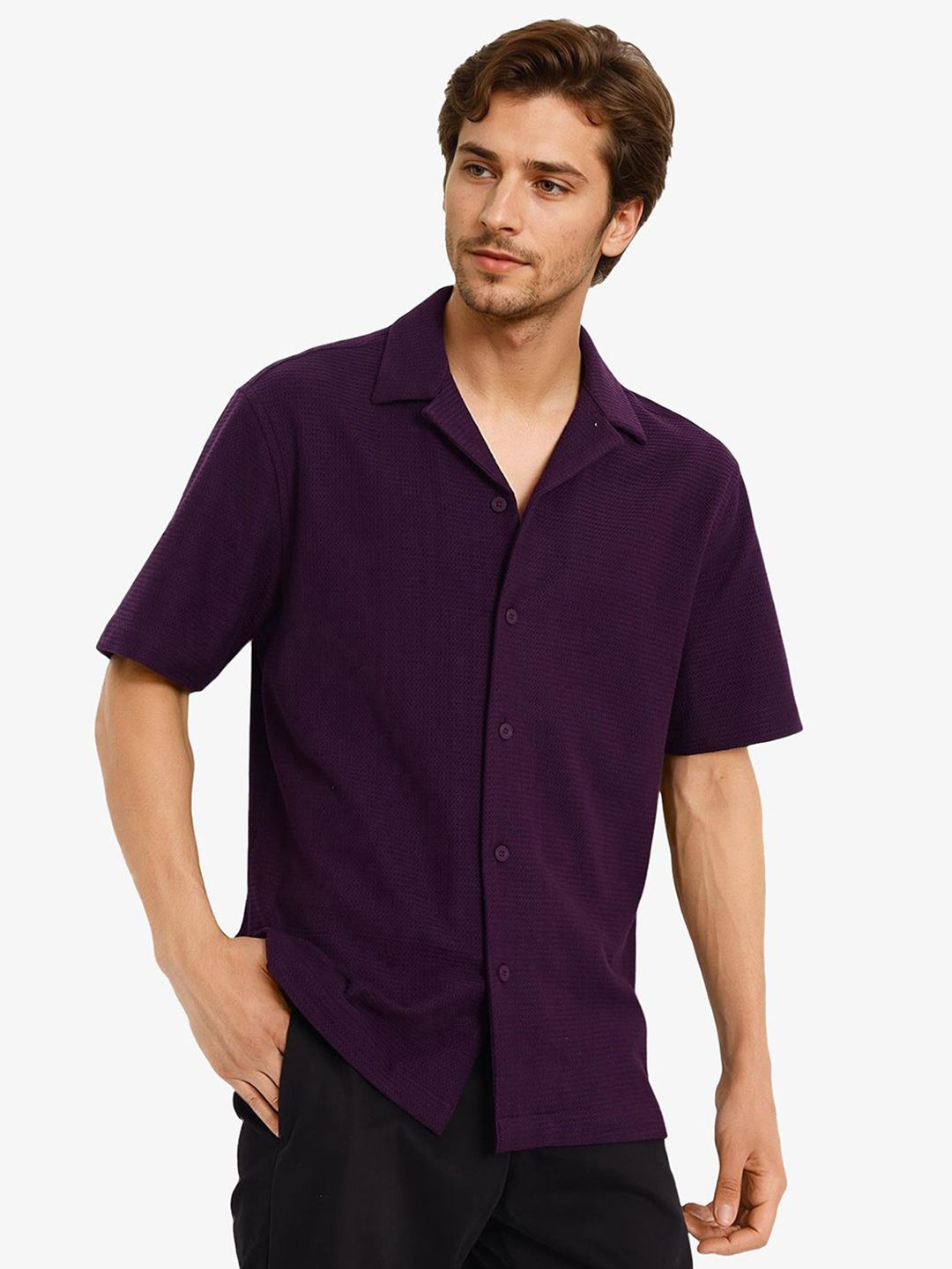 RARE RABBIT Men Comfort Cuban Collar Solid Cotton Boxy Casual Shirt