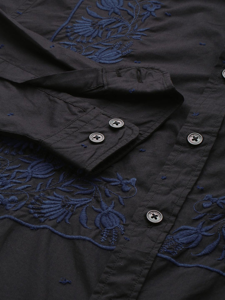 Mr Bowerbird Tailored Fit Floral Embroidered Band Collar Pure Cotton Casual Shirt