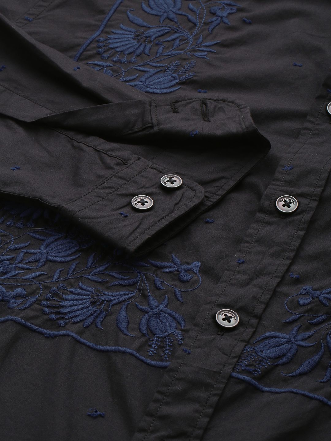 Mr Bowerbird Tailored Fit Floral Embroidered Band Collar Pure Cotton Casual Shirt