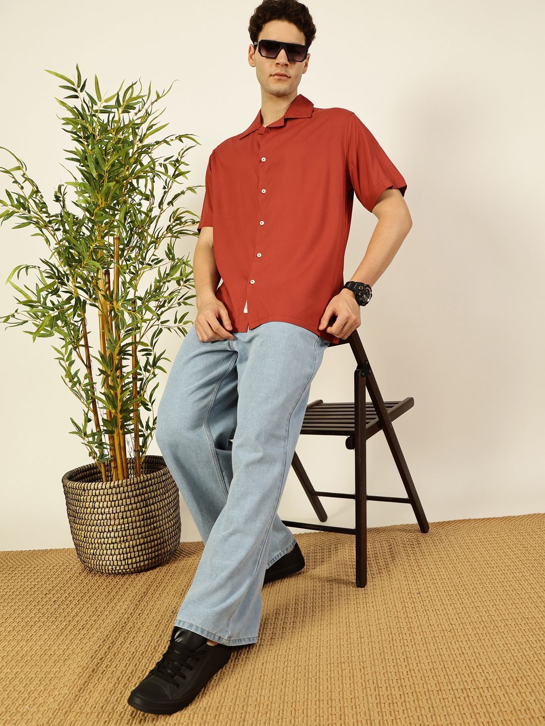 Thomas Scott Men Premium Cuban Collar Solid Oversized Casual Shirt