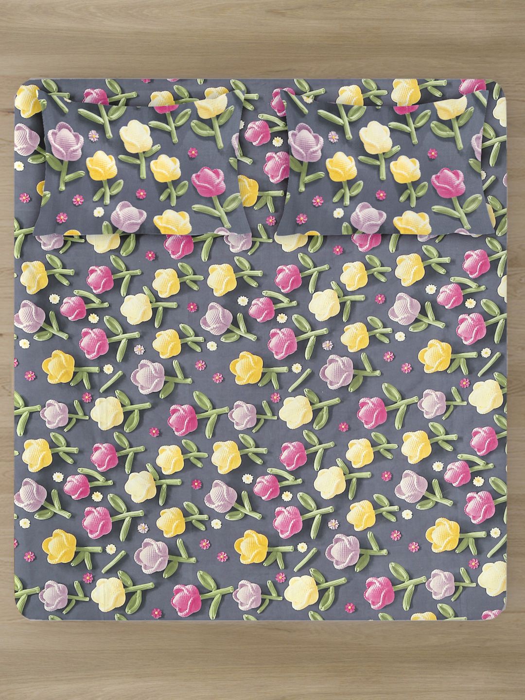 KLOTTHE Grey Floral Fitted 300TC King Superfine 7D Cadar & 2 Sarung Bantal-2.50mx2.25m
