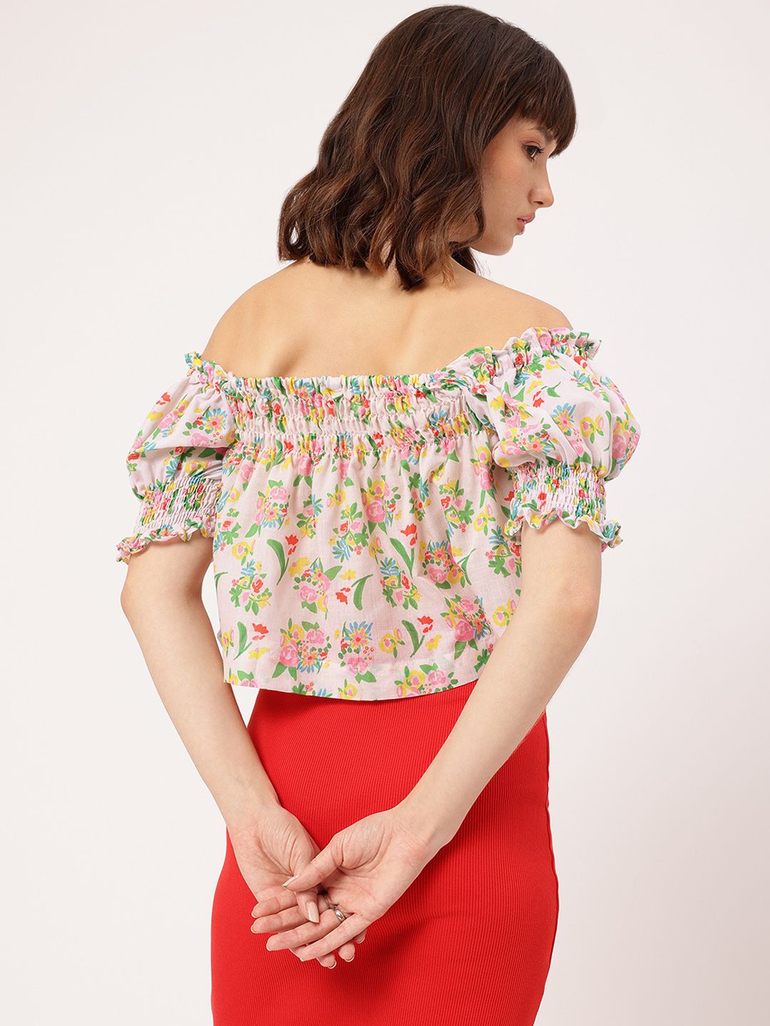 DressBerry Sassy Sweetheart Floral Print Smocked Bardot Top