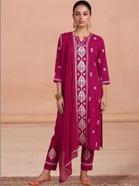Rumah Wanita Chikankari Motif Etnik Bersulam Benang Biasa Kurta Kerja dengan Seluar & Dengan Dupatta