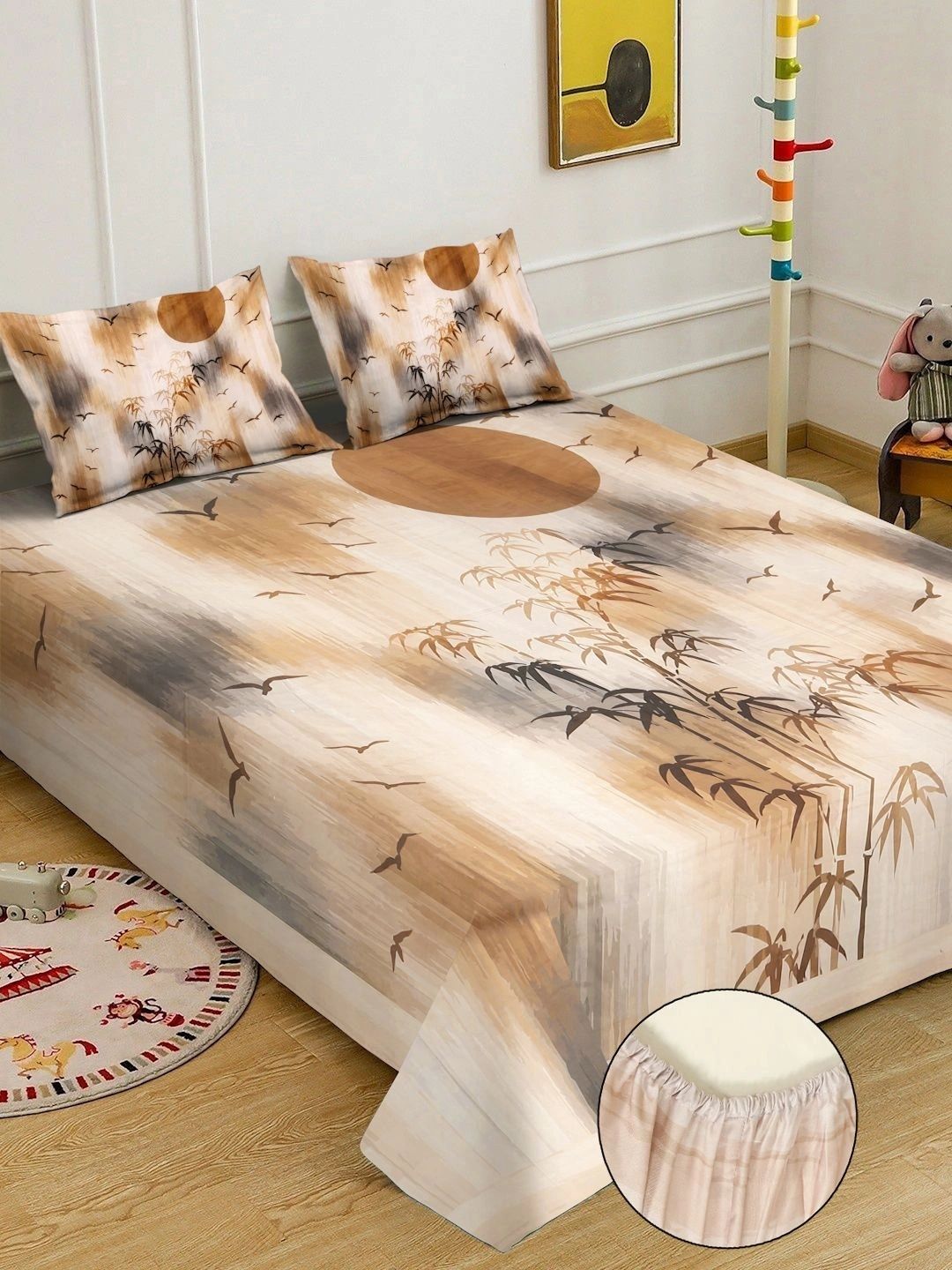 Myntra Elegant Homes Beige & Brown Floral 300 TC Cadar Katil King dengan 2 Sarung Bantal