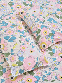 KLOTTHE Pink & Blue Floral Printed Flat 300 TC Double King Bedsheet With 2 Pillow Cover