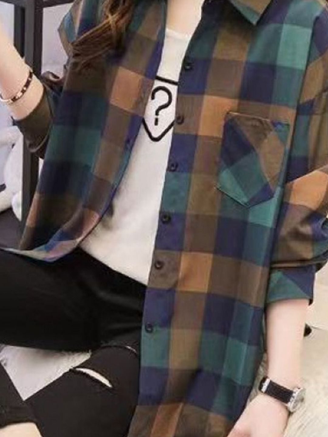DressBerry Women Oversized Fit Buffalo Checked Spread Collar Casual Shirt