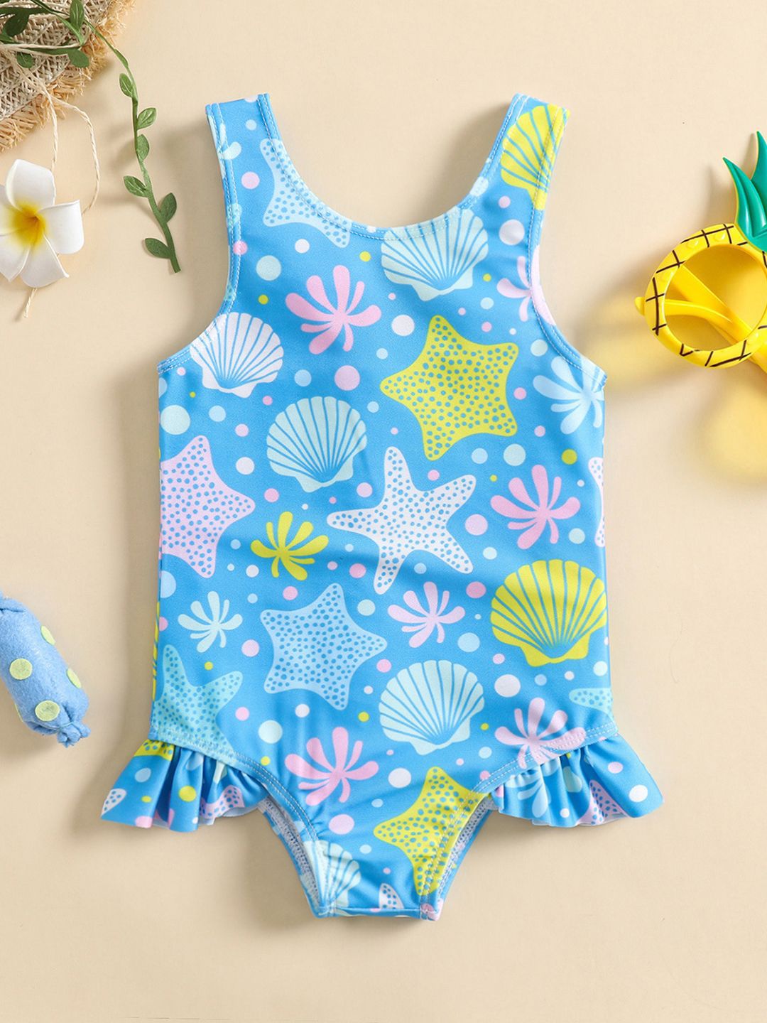 YK Girls Printed Round Neck Swimwear Bodysuit