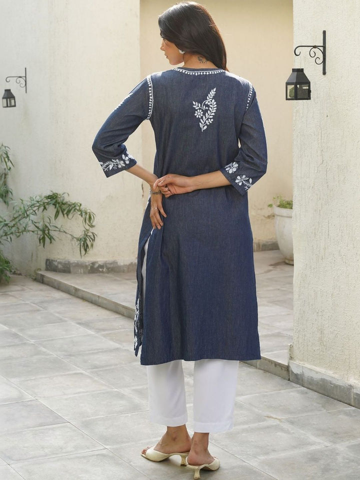 House of Chikankari Women Solid Blue Denim A-Line Kurta