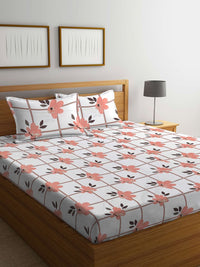 Myntra Elegant Homes White Floral Polycotton 300 TC Fitted King Fine Bedsheet with 2 Pillow Covers-98 x 89 inches