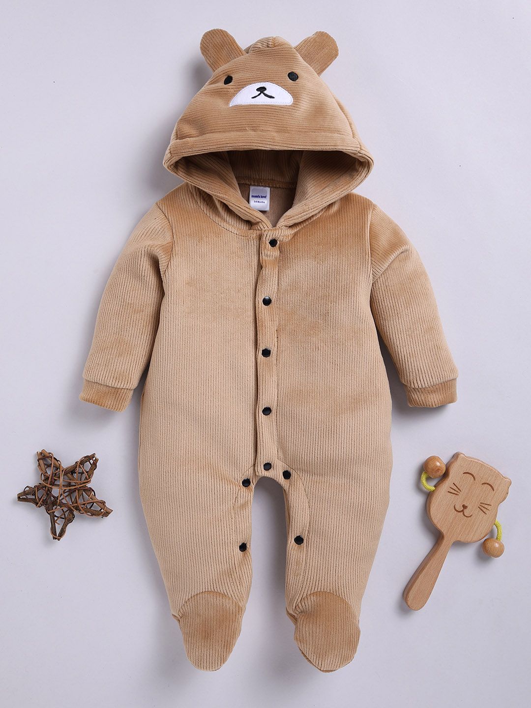 Moms Love Infant Boys Pure Cotton Velvet Finish Ribbed Hooded Sleepsuit