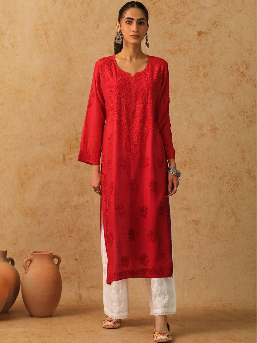 Rumah Wanita Chikankari Sulam Kurta Sutera Chanderi Chikankari