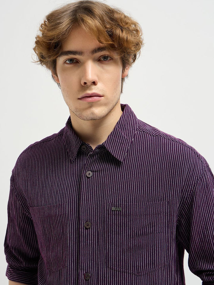 THE BEAR HOUSE Men Cutaway Collar Pinstripes Striped Casual Shirt