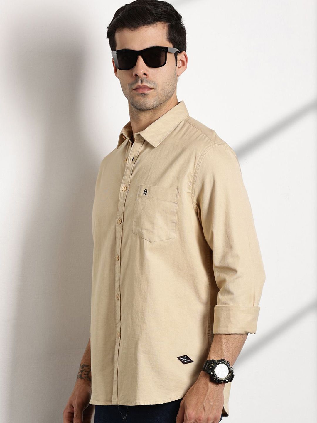Thomas Scott Men Standard Slim Fit Spread Collar Solid Cotton Casual Shirt
