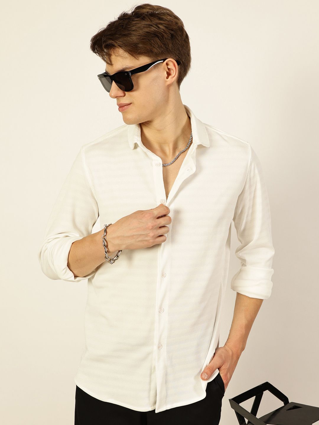 Thomas Scott Men Premium Spread Collar Horizontal Striped Casual Shirt