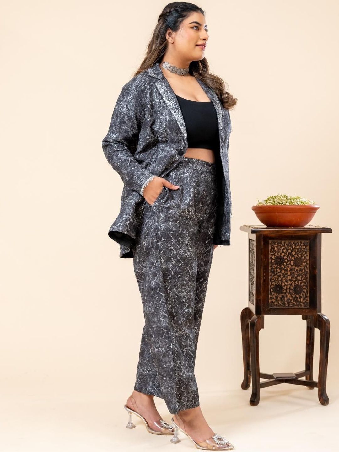 Mamicha Printed Notched Lapel Collar Coat & Trousers Co-Ords Set