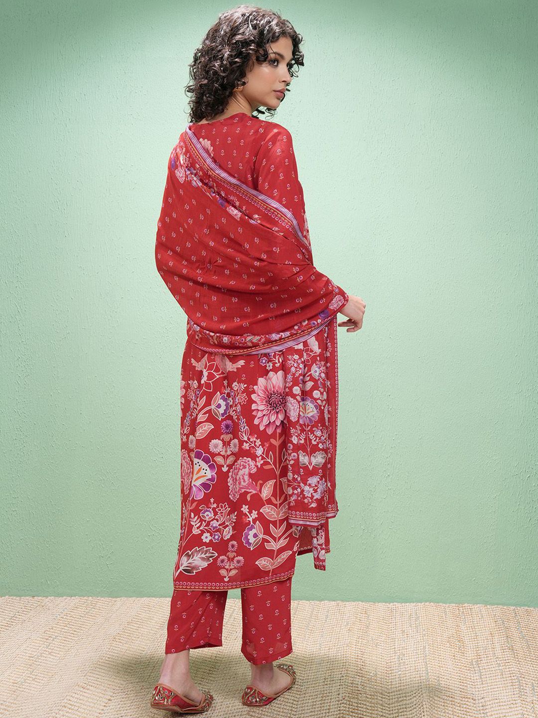 Vishudh Floral Printed V-Neck Empire A-Line Kurta With Trouser And Dupatta