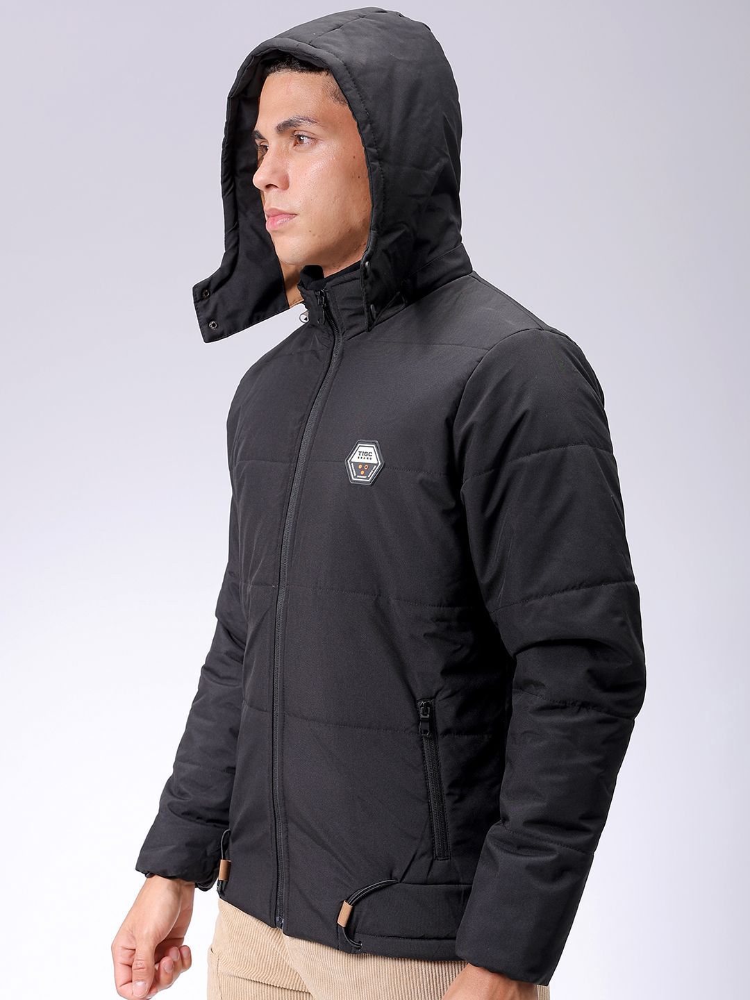 The Indian Garage Co Men Slim Fit Zip-Front PufferJacket with Detachable Hood