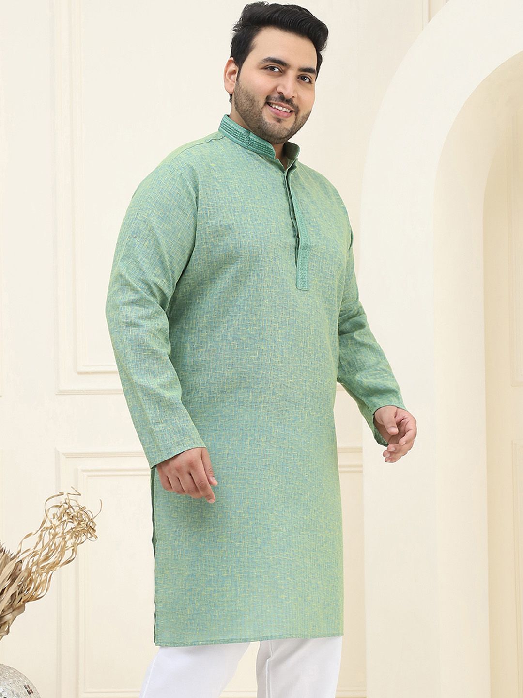 SOJANYA PLUS Kolar Mandarin Bercetak Abstrak Kurta Lurus Kapas Biasa