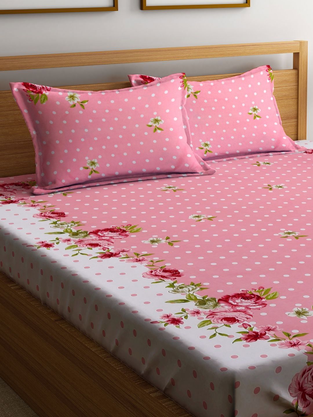 Myntra Elegant Homes Bercetak Merah Jambu & Putih Set Cadar King 300 TC 2.45 m x 2.25 m