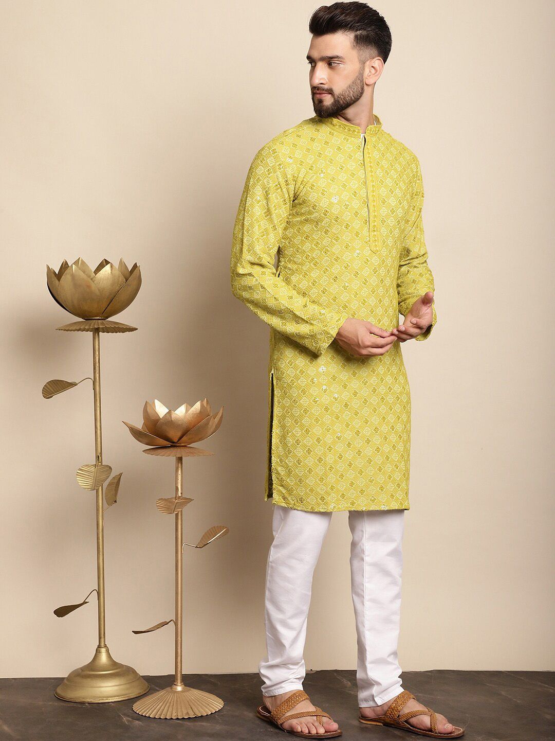 Anouk Green Ethnic Motifs Embroidered Sequinned Pure Cotton Kurta with Churidar