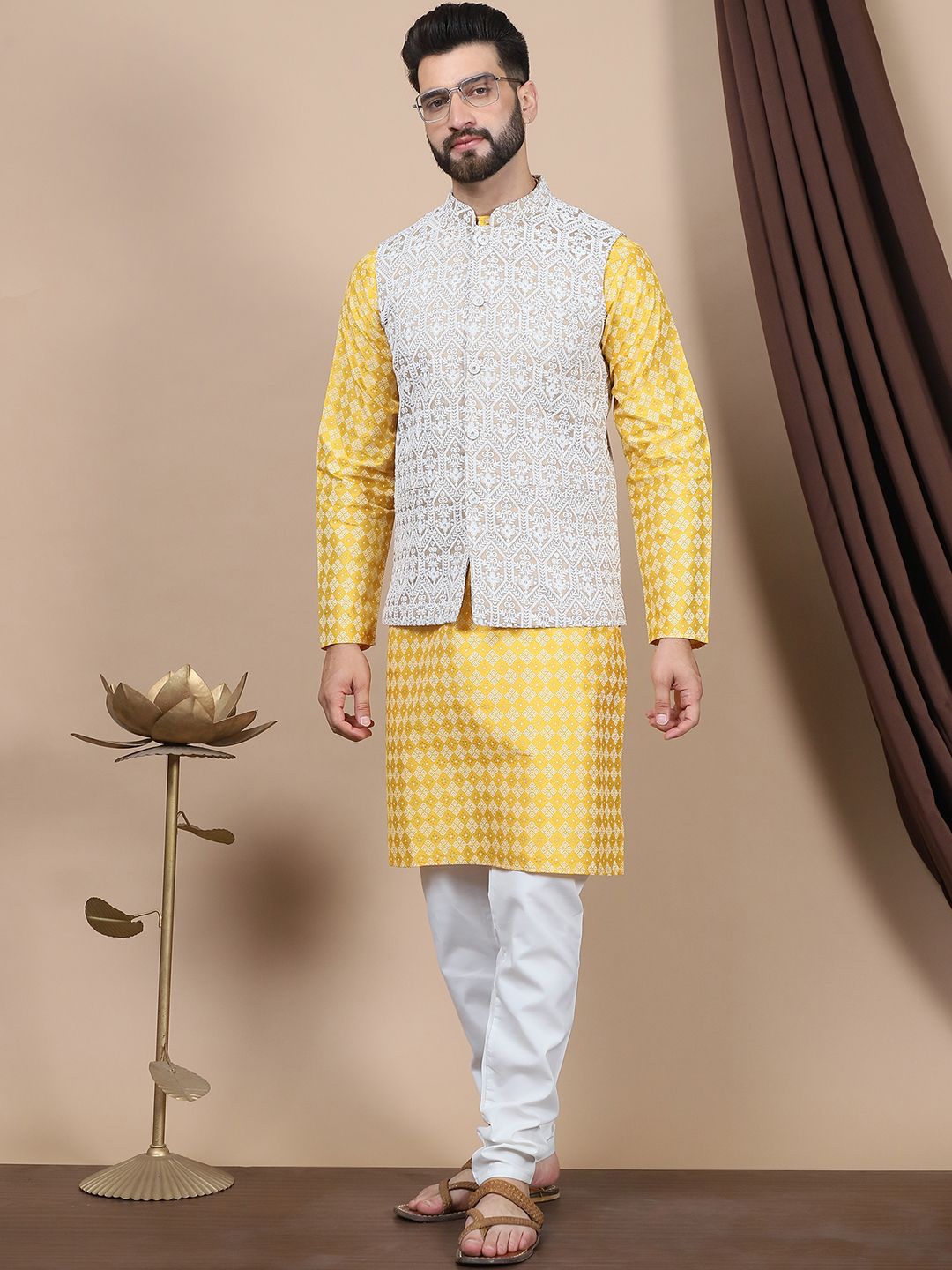 Anouk Floral Printed Regular Straight Kurta With Churidar & Nehru Jacket