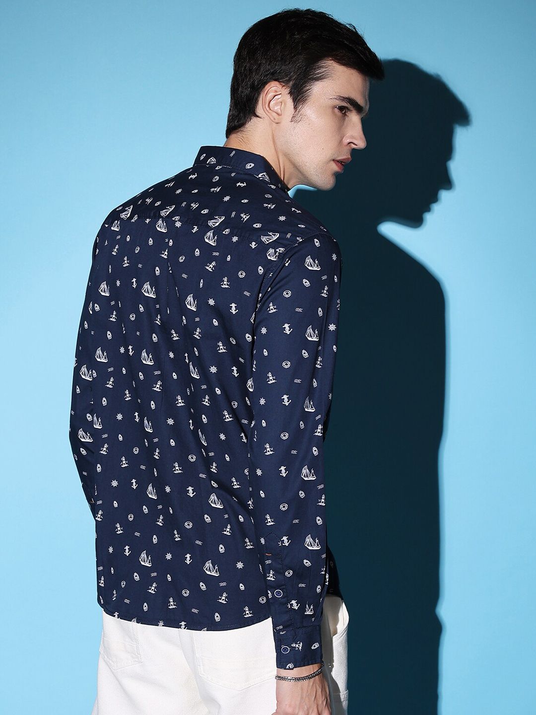 The Indian Garage Co Navy Blue Slim Fit Conversational Printed Cotton Casual Shirt