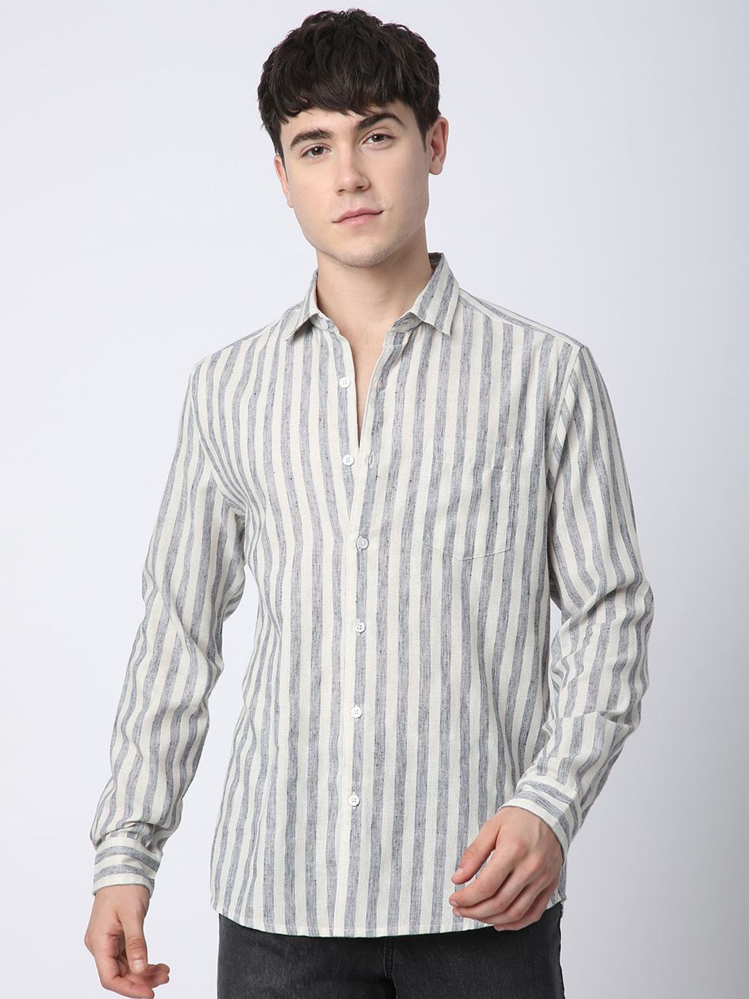 VASTRADO Men Classic Slim Fit Spread Collar Vertical Striped Cotton Casual Shirt