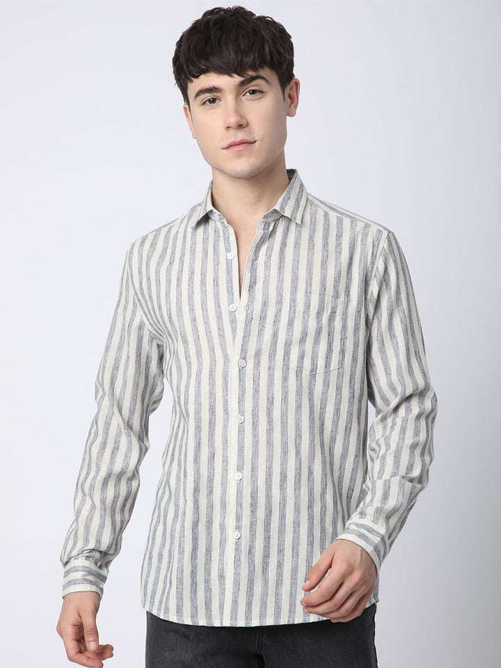 VASTRADO Men Classic Slim Fit Spread Collar Vertical Striped Cotton Casual Shirt