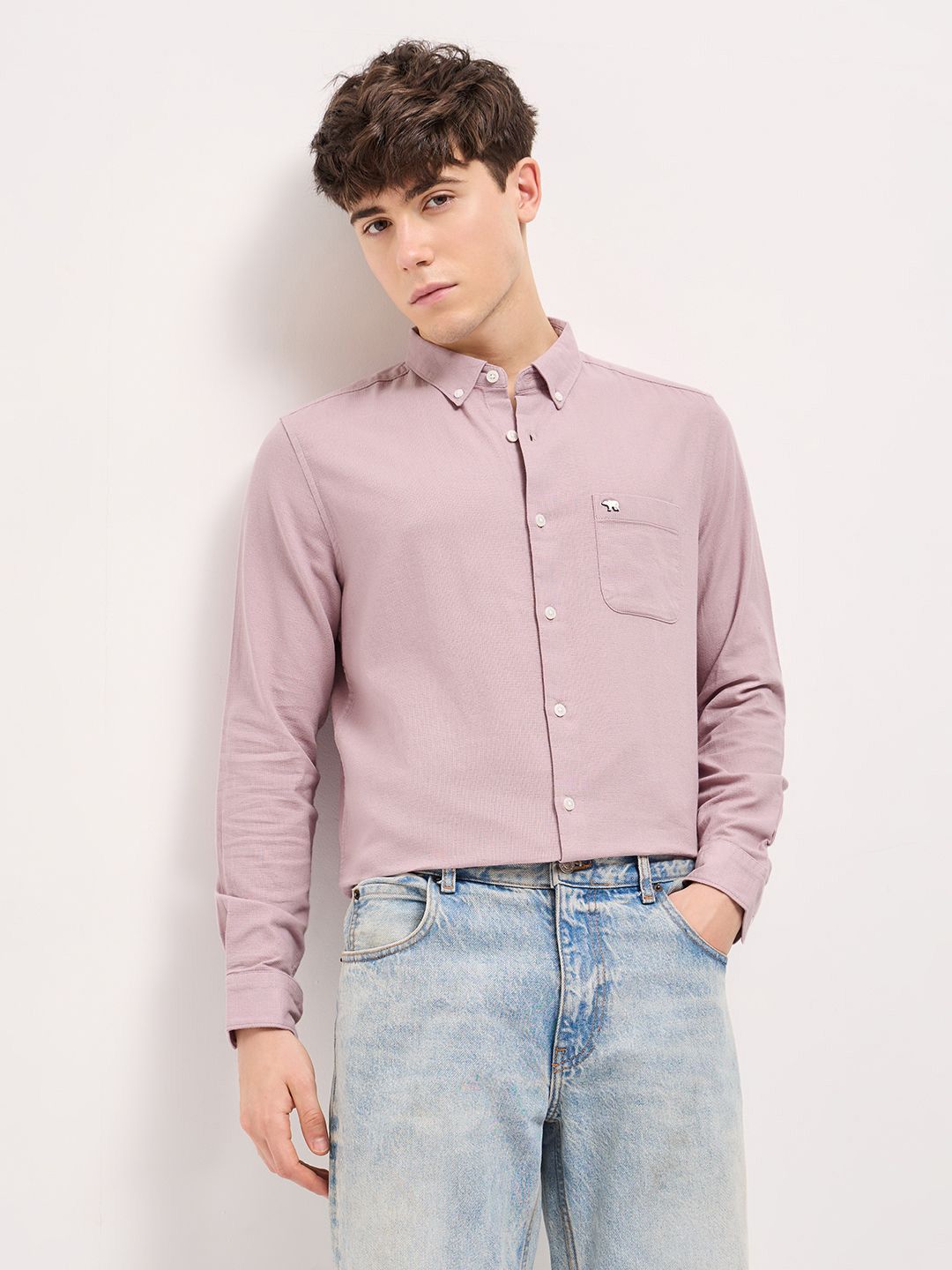 THE BEAR HOUSE Men Button-Down Collar Solid Slim Fit Cotton Shirt